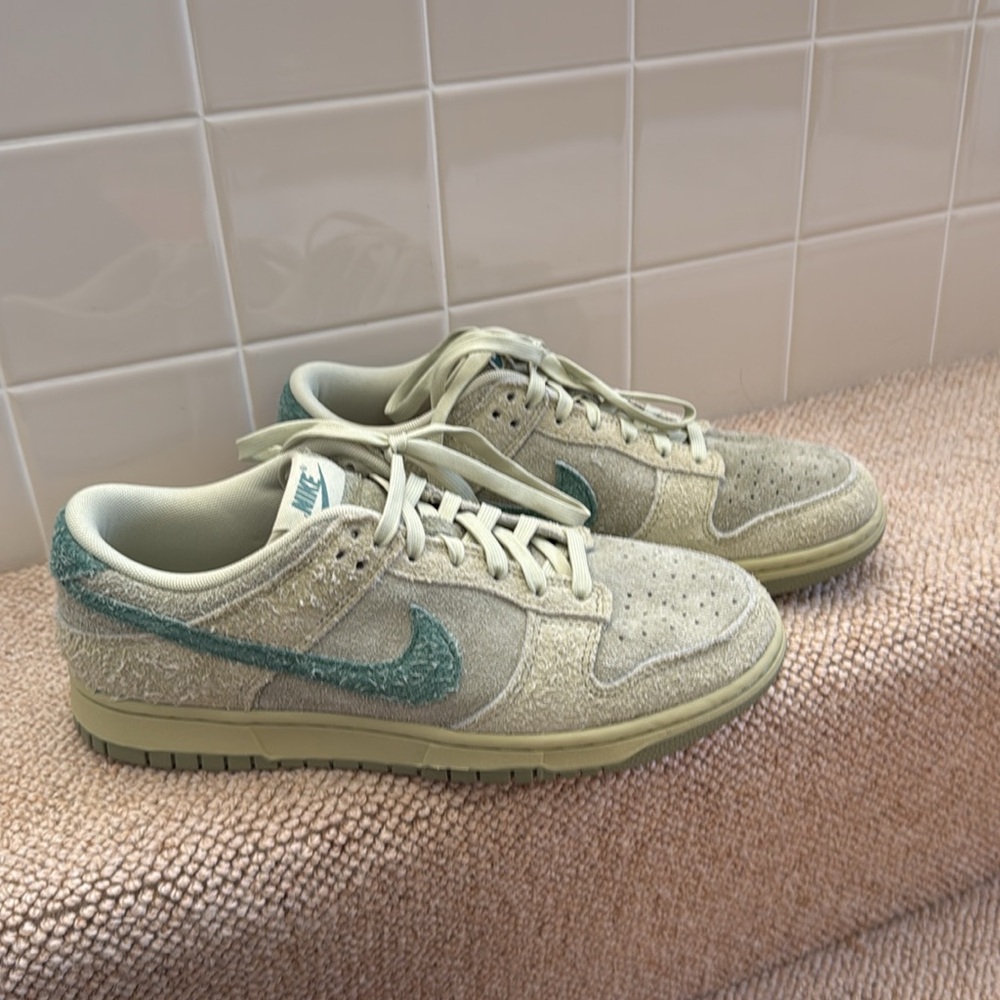 Nike Dunk Low Olive Green Suede Sneakers, women’s size 10.5; men’s size 9